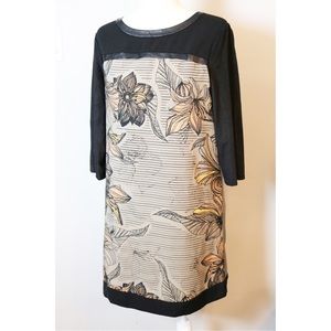 DKNY Floral Pattern Dress with Faux Leather Collar